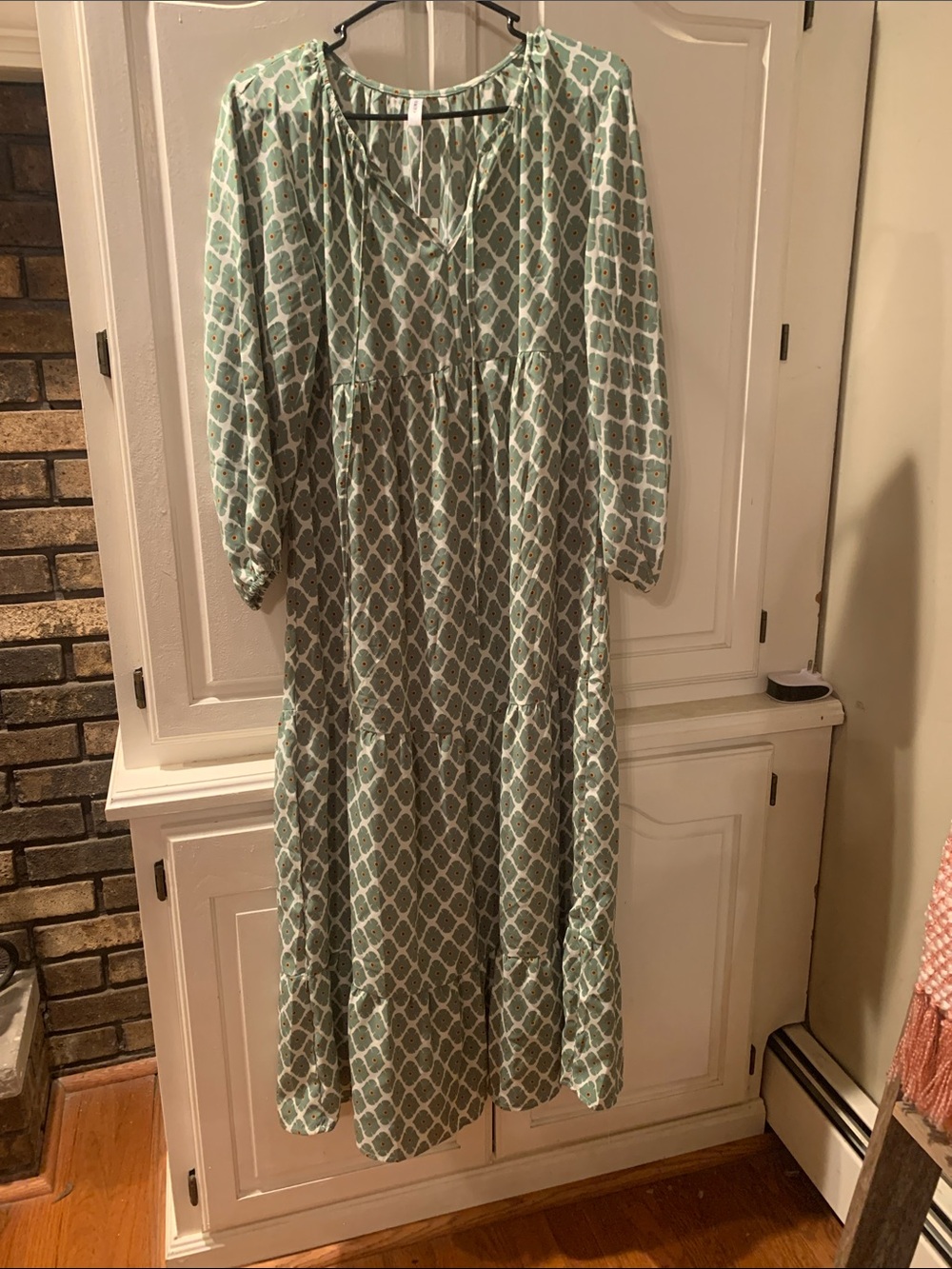 Tie-Neck Mint Green Geometric Maxi Dress